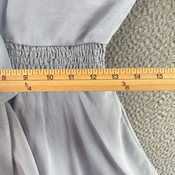 She + Sky Dress Womens Medium Blue Puff Sleeve Ruffle Smocked Cut Out Tie Front - Picture 8 of 11